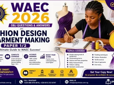 WAEC 2026 OBJ questions and answers on Fashion Design & Garment Making paper 1/2 PAPER 1: OBJECTIVE (60 Multiple Choice Questions) Time Allowed: 1 Hour Instructions: Answer ALL questions. Each question carries one mark. Choose the correct option A–D. Do not mark more than one answer per question. disclaimer: This is just a practice and most likely seen question during the exams. use this to practice, while we will upload the real exams questions and answers few hours to the exams QUESTIONS 1–60 1. The basic tool used for taking body measurements is A. French curve B. Measuring tape C. Tailor’s chalk D. Tracing wheel Answer: B 2. The grain line in pattern drafting helps to A. Decorate the fabric B. Strengthen stitches C. Ensure proper drape D. Increase fabric width Answer: C 3. A dart is used to A. Join sleeves B. Create shape C. Finish neckline D. Add decoration Answer: B 4. The seam allowance is A. Decorative stitching B. Extra fabric beyond seam line C. Hem width D. Fold line Answer: B 5. A French seam is best used for A. Thick fabrics B. Transparent fabrics C. Leather D. Denim Answer: B 6. Interfacing is mainly used to A. Add weight B. Strengthen and shape C. Reduce cost D. Lengthen fabric Answer: B 7. The following is a natural fibre A. Polyester B. Rayon C. Cotton D. Nylon Answer: C 8. A bodice block is A. Finished garment B. Basic pattern foundation C. Sleeve pattern D. Skirt hem Answer: B 9. Bias cut fabric is cut at A. 90° B. 45° C. 30° D. 60° Answer: B 10. A thimble is used to A. Cut fabric B. Protect finger C. Mark lines D. Press garment Answer: B 11. A zigzag stitch prevents A. Stretching B. Fraying C. Shrinking D. Wrinkling Answer: B 12. The following is used for transferring pattern markings A. Chalk B. Carbon paper C. Pins D. Needle Answer: B 13. The hem is located at the A. Neckline B. Waistline C. Bottom edge D. Shoulder Answer: C 14. Ease allowance is added for A. Decoration B. Comfort C. Cost D. Colour Answer: B 15. Which stitch is best for permanent seams? A. Basting B. Running C. Backstitch D. Slip stitch Answer: C 16. Pleats are used mainly to A. Shorten garment B. Add fullness C. Reduce width D. Join pieces Answer: B 17. The part of sewing machine that holds thread is A. Needle plate B. Bobbin C. Shuttle D. Presser foot Answer: B 18. A set-in sleeve is attached at the A. Neckline B. Armhole C. Hem D. Waist Answer: B 19. The following is a synthetic fibre A. Wool B. Linen C. Nylon D. Silk Answer: C 20. A pattern notch is used to A. Decorate B. Align pattern pieces C. Cut faster D. Strengthen seam Answer: B 21. Overlocking prevents A. Shrinking B. Fraying C. Stretching D. Fading Answer: B 22. The yoke is part of the A. Sleeve B. Upper garment section C. Hem D. Waistband Answer: B WAEC 2026 OBJ questions and answers on Fashion Design & Garment Making paper 1/2 23. Smocking creates A. Stiffness B. Elastic effect C. Hem D. Dart Answer: B 24. Facing is used to finish A. Waist B. Seam C. Edge D. Pleat Answer: C 25. Pattern grading is A. Cutting fabric B. Increasing/decreasing size C. Sewing seam D. Decorating cloth Answer: B 26. The selvage is A. Decorative edge B. Finished edge of fabric C. Cut line D. Fold Answer: B 27. Tailor’s chalk is used for A. Stitching B. Measuring C. Marking D. Cutting Answer: C 28. The best stitch for temporary joining is A. Back stitch B. Slip stitch C. Basting stitch D. Chain stitch Answer: C 29. A mandarin collar is A. Flat collar B. Stand-up collar C. Sailor collar D. Shawl collar Answer: B 30. Buttonholes are reinforced to prevent A. Stretch B. Tear C. Fade D. Fray Answer: D 31. The presser foot controls A. Stitch length B. Fabric movement C. Thread colour D. Speed Answer: B 32. Draping involves A. Measuring B. Sketching C. Arranging fabric on mannequin D. Cutting paper Answer: C 33. The warp thread runs A. Across fabric B. Lengthwise C. Diagonally D. Circular Answer: B 34. The weft thread runs A. Lengthwise B. Across fabric C. Diagonal D. Vertical Answer: B 35. Shrinkage is prevented by A. Dyeing B. Pre-washing C. Ironing D. Pleating Answer: B 36. A sheath dress is A. Loose B. Fitted C. Flared D. Pleated Answer: B 37. A vent is used to A. Decorate B. Allow movement C. Reduce length D. Strengthen seam Answer: B 38. Bias binding finishes A. Sleeve B. Seam C. Raw edge D. Hem Answer: C 39. A pattern block is A. Decoration B. Foundation pattern C. Hem style D. Stitch type Answer: B 40. The tension regulator controls A. Speed B. Thread tightness C. Stitch length D. Needle size Answer: B 41. Fashion illustration communicates A. Stitch type B. Design idea C. Price D. Brand Answer: B 42. Couture means A. Ready-to-wear B. High fashion custom-made C. Uniform D. Casual wear Answer: B 43. A princess line creates A. Fullness B. Slim fit C. Pleat D. Flare Answer: B 44. A gusset adds A. Decoration B. Comfort and space C. Colour D. Weight Answer: B 45. Seam ripping is done using A. Needle B. Scissors C. Seam ripper D. Knife Answer: C WAEC 2026 OBJ questions and answers on Fashion Design & Garment Making paper 1/2 46. A flat-felled seam is strong and used for A. Lace B. Shirts C. Silk D. Net Answer: B 47. Pressing differs from ironing because it A. Slides iron B. Lifts and presses C. Washes D. Cuts Answer: B 48. A muslin is A. Final fabric B. Test garment C. Decoration D. Lining Answer: B 49. Pattern symbols indicate A. Colour B. Fabric type C. Instructions D. Cost Answer: C 50. The neckline measurement is taken around the A. Shoulder B. Neck base C. Waist D. Bust Answer: B 51. Armhole depth ensures A. Decoration B. Sleeve fit C. Hem style D. Waist shape Answer: B 52. Tucks are similar to A. Pleats B. Darts C. Smocking D. Hem Answer: A 53. A lining is used to A. Shorten B. Strengthen interior C. Reduce cost D. Colour Answer: B 54. Elastic is commonly inserted at A. Neckline B. Waist C. Hem D. Shoulder Answer: B 55. The purpose of grading seam allowance is to A. Reduce bulk B. Decorate C. Lengthen D. Fold Answer: A 56. Fashion merchandising involves A. Sewing B. Selling fashion products C. Cutting D. Designing Answer: B 57. Haute couture garments are A. Mass produced B. Machine made C. Custom made D. Cheap Answer: C 58. A cuff is attached to A. Hem B. Sleeve end C. Waist D. Neck Answer: B 59. Pattern drafting requires A. Guess work B. Accurate measurements C. Decoration D. Colour mixing Answer: B 60. Garment finishing improves A. Weakness B. Appearance and durability C. Shrinkage D. Fraying Answer: B WAEC 2026 OBJ questions and answers on Fashion Design & Garment Making paper 1/2 PAPER 2: ESSAY (Answer ALL 6 Questions) QUESTION 1 Explain five steps involved in pattern drafting. Answer: Taking accurate body measurements Drawing basic block Adding seam allowance Marking notches and grain line Cutting out pattern QUESTION 2 Discuss the properties and uses of natural fibres. Answer: Natural fibres include cotton, wool, silk and linen. They are breathable, absorbent, biodegradable and comfortable. They are used in casual wear, formal garments and upholstery. QUESTION 3 Describe the process of constructing a simple skirt. Answer: Take waist and hip measurements Draft skirt pattern Cut fabric Join side seams Attach waistband Fix zipper Hem QUESTION 4 Explain five types of seams and their uses. Answer: Plain seam – general joining French seam – delicate fabrics Flat-felled seam – durable garments Lapped seam – leather Bound seam – neat finishing QUESTION 5 Discuss factors to consider when selecting fabric. Answer: Occasion Climate Cost Texture Care requirements QUESTION 6 Explain the importance of proper garment finishing. Answer: Enhances appearance Increases durability Prevents fraying Improves customer satisfaction Adds professional quality